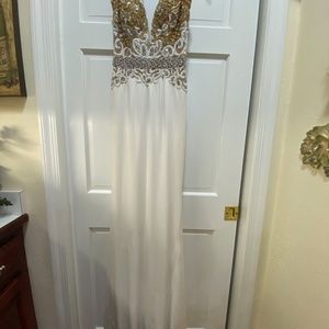 SHERRI HILL COUTURE SZ 4 WHITE GOLD JERSEY GOWN BEADED DRESS